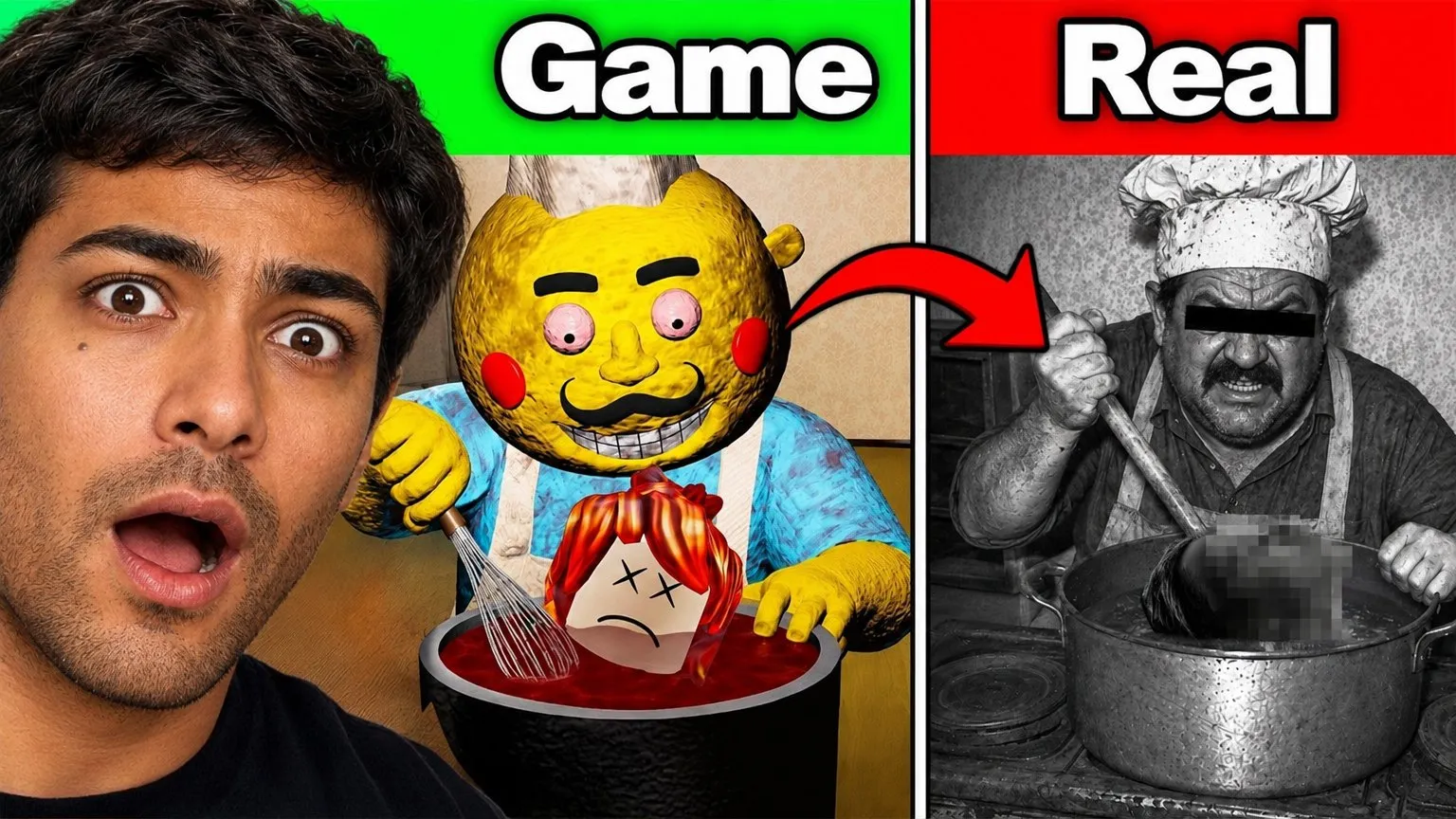 Game vs real: Your face on the left, the in-game character next to its real-life version, labeled Game and Real.