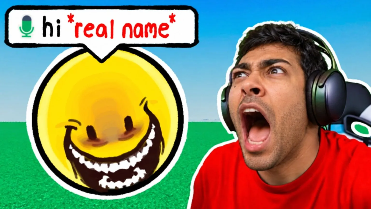 Voice chat bait: A giant grinning emoji with a voice-chat bubble, and your face screaming on the right.
