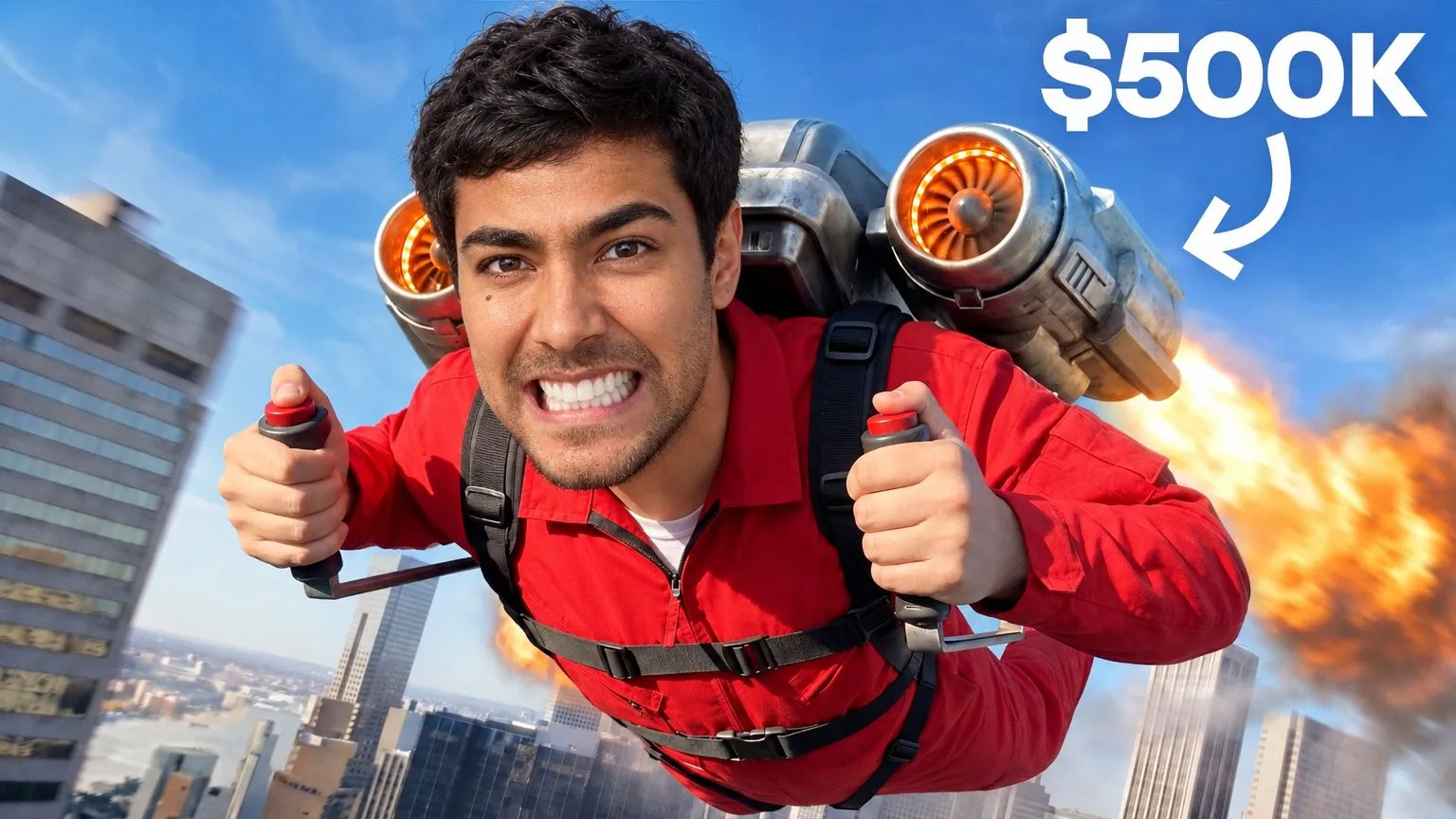Das Preisschild: Sie fliegen mit einem Jetpack über eine Stadt, der Preis in großen weißen Buchstaben und ein handgezeichneter Pfeil.