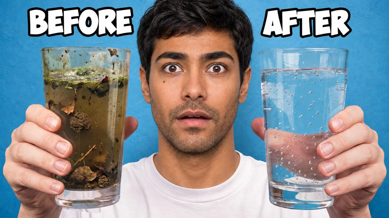 Vorher und nachher: Sie in der Mitte mit zwei Gläsern: links schmutziges Wasser, rechts sauberes Wasser.