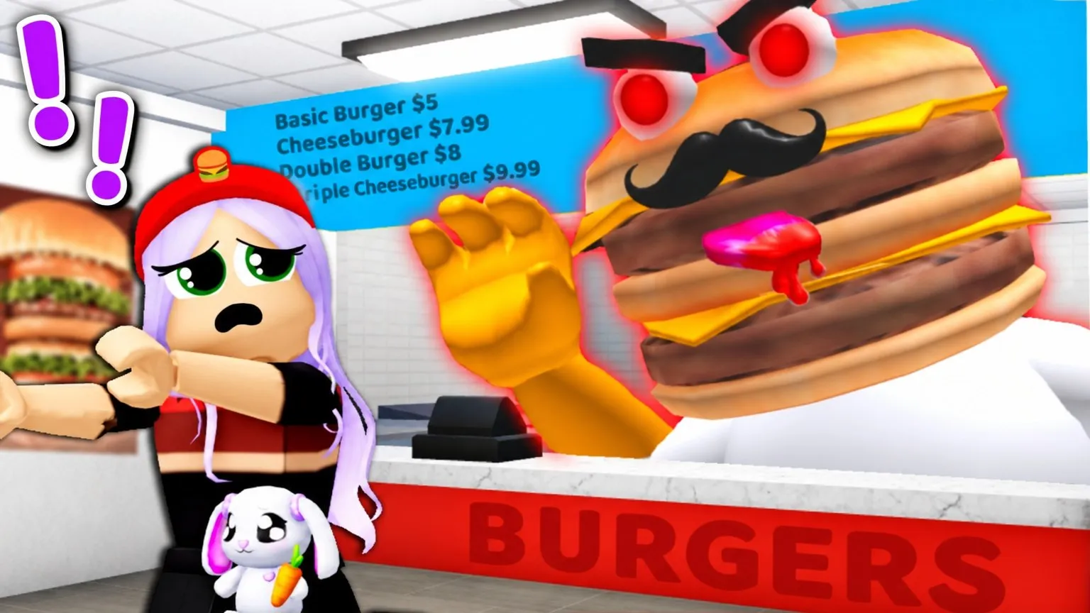 The obby villain: A cartoon avatar cornered by a monster burger in a restaurant obby. No face needed.
