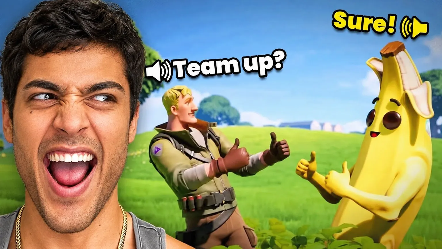 Proximity chat: Your laughing face next to two in-game skins talking through voice-chat bubbles.