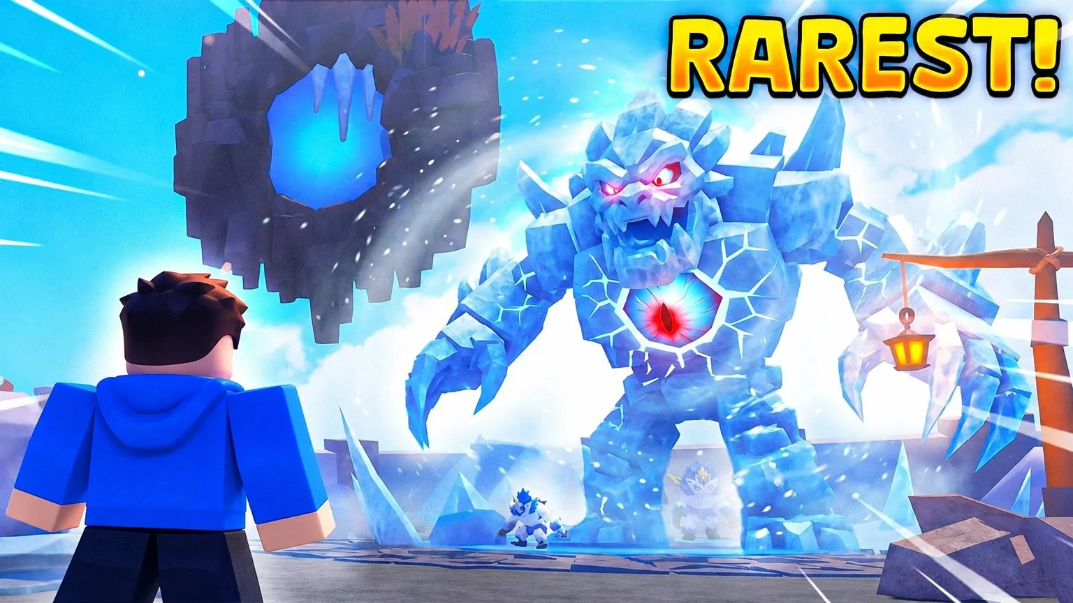 The rarest find: A huge ice creature towering over a small avatar, with a single yellow word: RAREST!