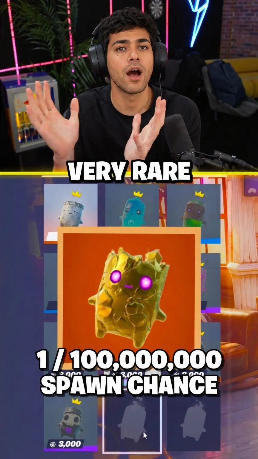 Rare drop Short: Your excited face on top, the rare item below and the odds written in full.