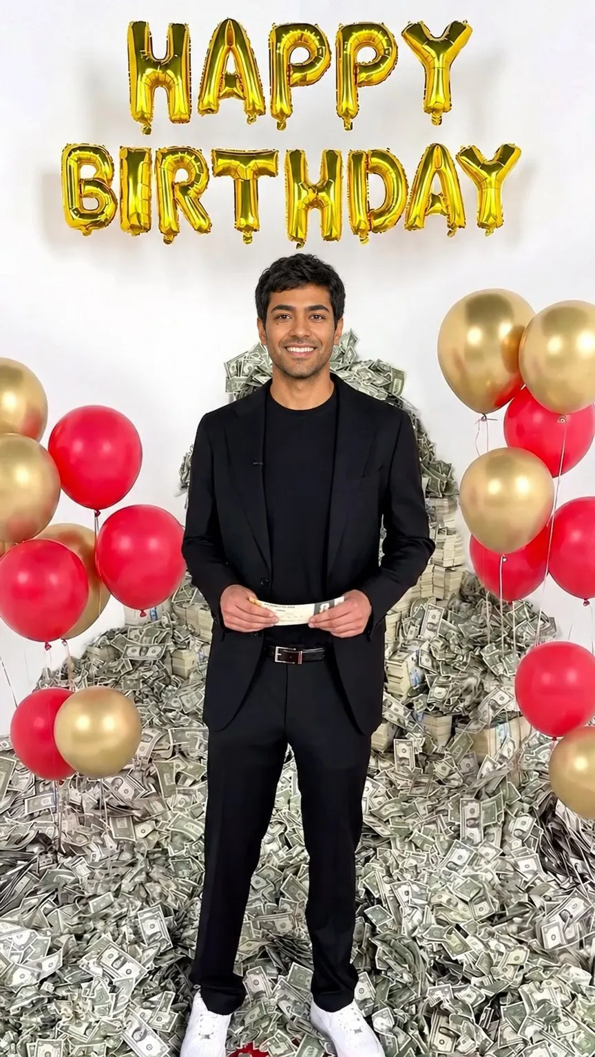 Party im Hochformat: Eine Ganzkörperaufnahme von Ihnen zwischen Ballons und Geldstapeln, oben goldene Ballonbuchstaben.
