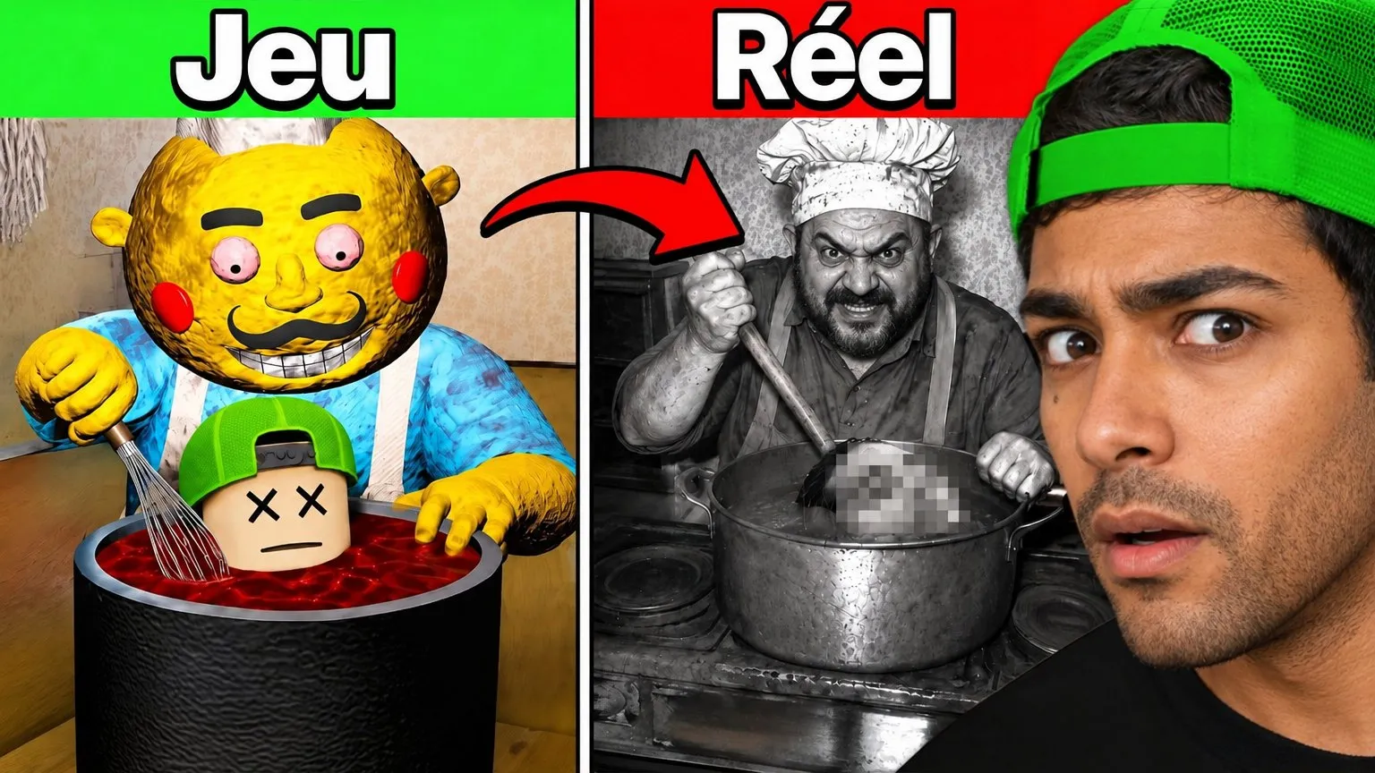 Jeu contre réel: Le personnage du jeu à gauche, sa version réelle en noir et blanc à droite, et votre visage qui observe.