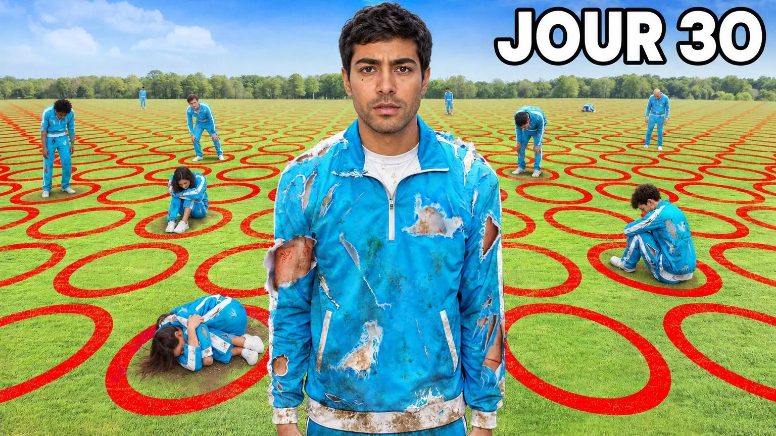 Le jeu géant: Vous au centre d'un terrain couvert de cercles rouges où attendent les candidats.