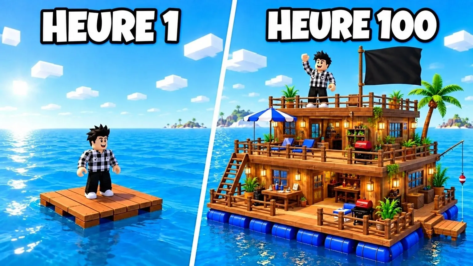Heure 1, heure 100: Le même radeau en début de partie et après cent heures, avec les deux compteurs en haut.