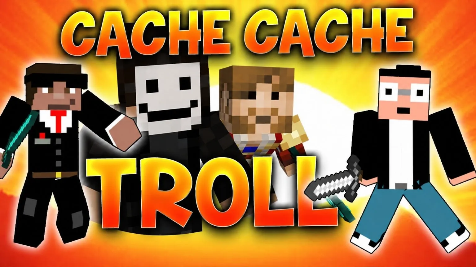Le jeu entre amis: Des personnages en blocs sur fond orange et le nom du jeu en énormes lettres : CACHE CACHE TROLL.
