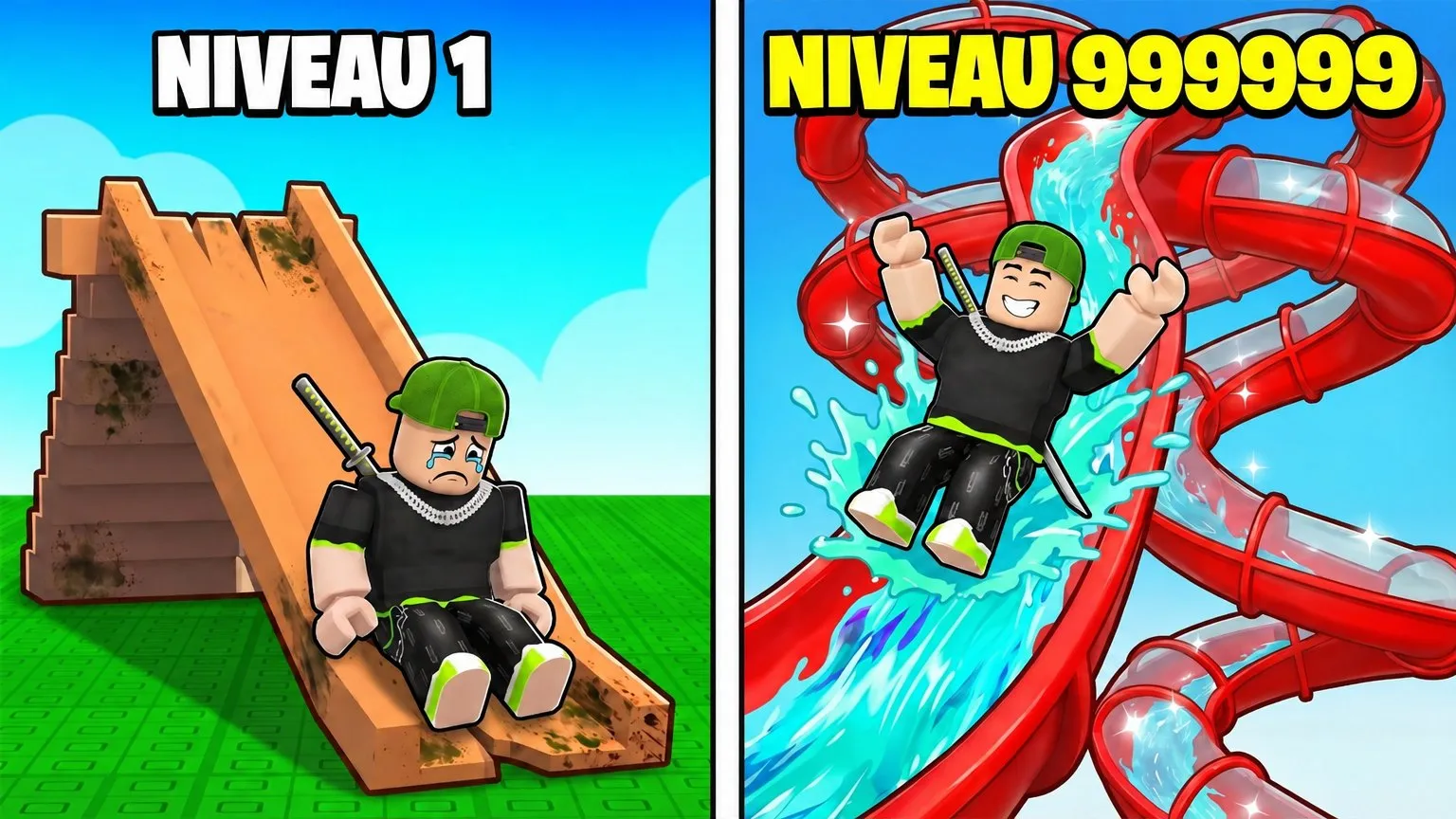 Le niveau absurde: Un petit toboggan au niveau 1 face à un toboggan géant au niveau 999999.