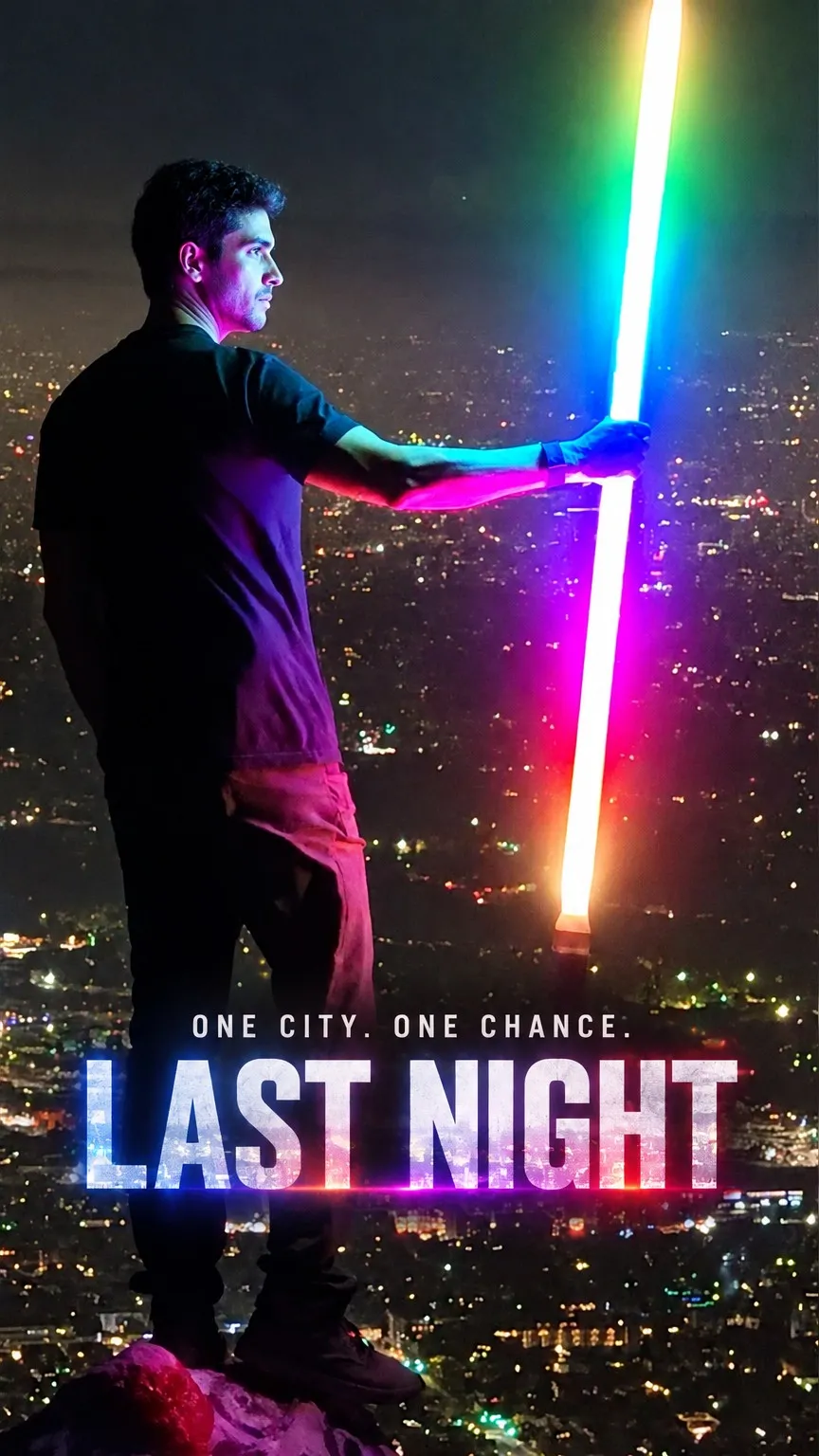 Movie Poster: Arte de pôster de filme: você iluminado como personagem de cinema diante de um fundo dramático.